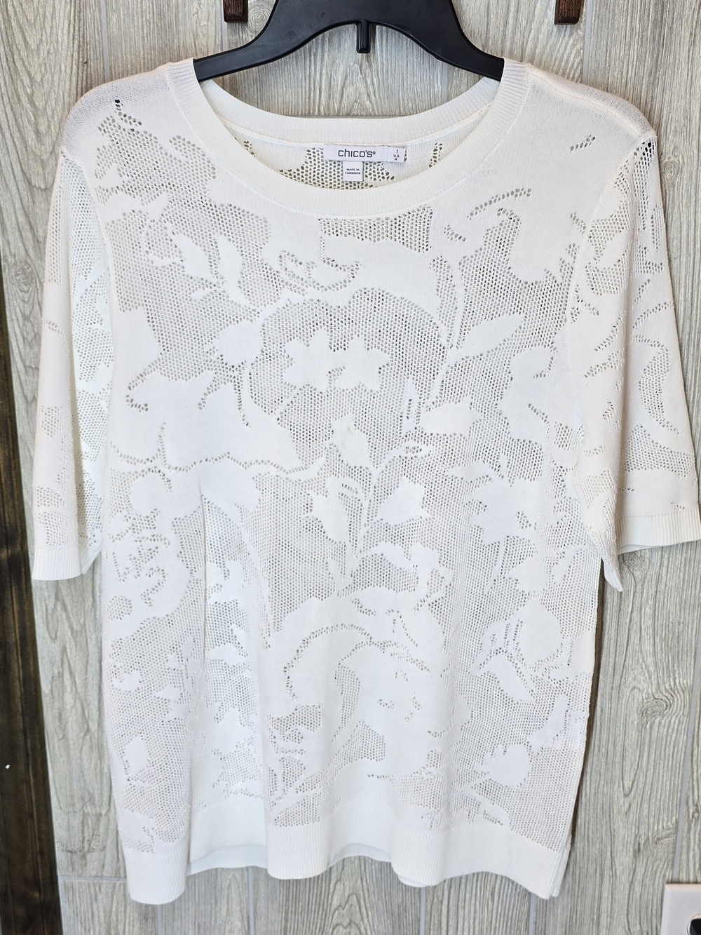 Chico's White Floral Pointelle Knit Short Sleeve Top
